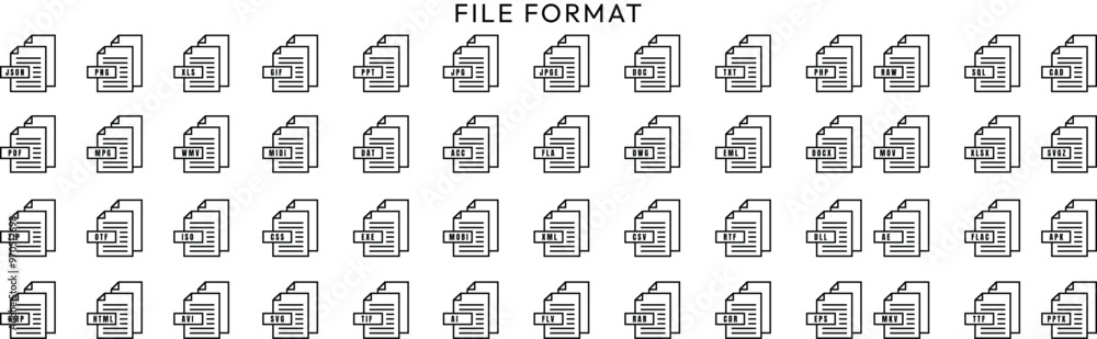 File format of document icons collection set with PDF, JPG, DOC, PPT, XLS, MP4, RAR, AI, ZIP, MP3, MPV, GSF and more vectors File format of document icons collection set with PDF, JPG, DOC, PPT, XLS, MP4, RAR, AI, ZIP, MP3, MPV, GSF and more vectors