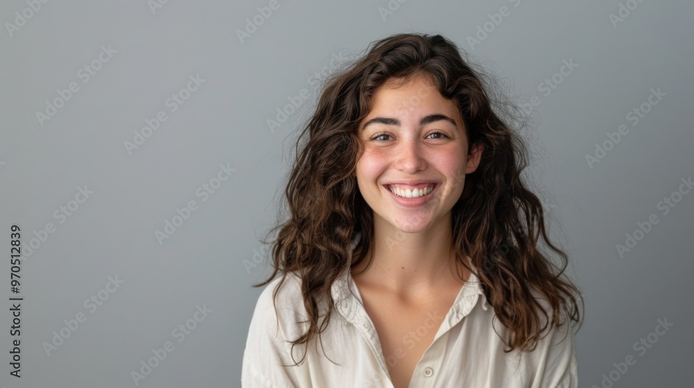 A young woman is smiling while standing in front of a plain gray background. Her expression is cheerful and relaxed as she looks directly at the camera, panorama with copy space A young woman is smiling while standing in front of a plain gray background. Her expression is cheerful and relaxed as she looks directly at the camera, panorama with copy space