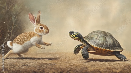 Create an image of the rabbit and the turtle at the end of their race, with the rabbit admitting its overconfidence and the turtle accepting the victory with grace. photo