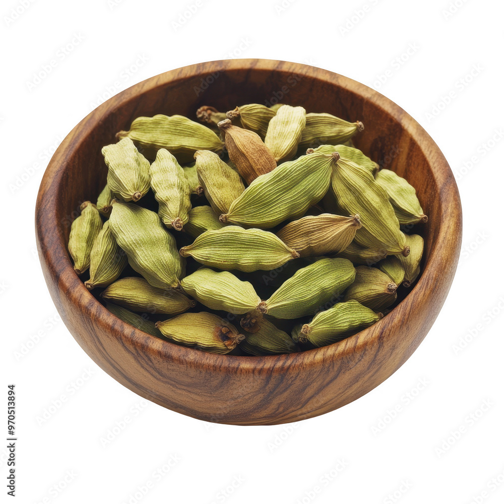 A wooden bowl filled with green cardamom pods, commonly used as a spice in cooking. A wooden bowl filled with green cardamom pods, commonly used as a spice in cooking.