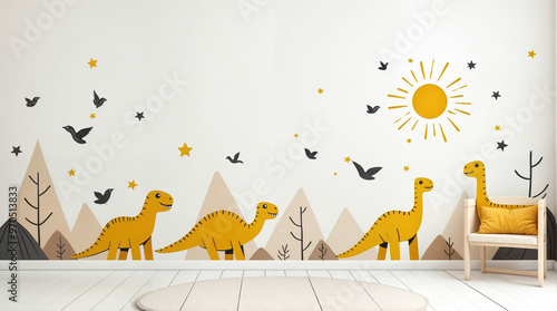 A wall with a dinosaur mural and a sun photo