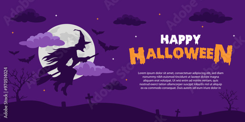 Halloween with shadow of witches, bats, ghosts and cemetery theme background of violet and purple