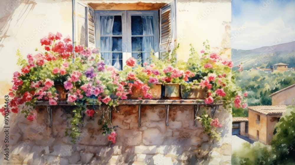 Fototapeta premium Beautiful vintage balcony with colorful flowers, Mediterranean style. View of the balcony with flowers in Italy