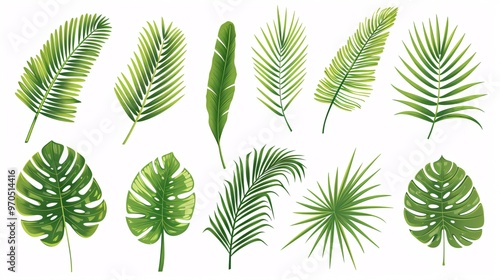 3. A vector set of tropical leaves, including several Phoenix palm leaves, all isolated on a white background. The design is simple and flat, focusing on the unique structure of each leaf, with