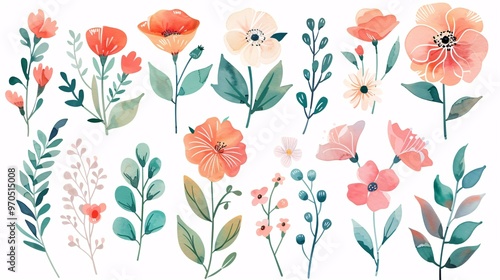 11. A vector set of watercolor flowers and leaves on a white background. The set includes a variety of flowers and leaves, each painted in soft, delicate hues with fluid brush strokes, capturing the