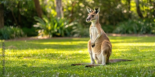 Australian Eastern gray kangaroo Macropus giganteus standing on hind legs grazing on lush green grass in its natural habitat