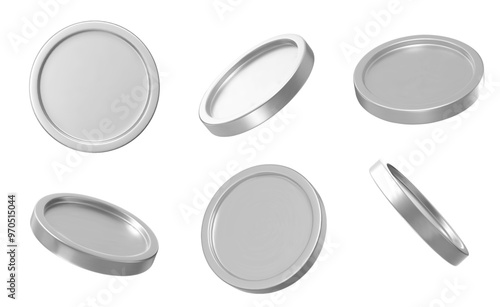 3D set realistic silveer coins with different angles.  Symbol of gold and wealth. Stock vector illustration on isolated background.