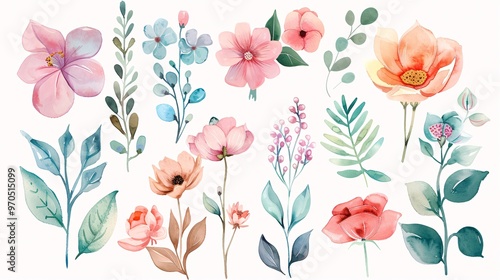 Wallpaper Mural 12. Watercolor flowers and leaves arranged in a vector set on a white background. The illustration features different types of flowers and leaves, each rendered with a light, airy touch and soft Torontodigital.ca