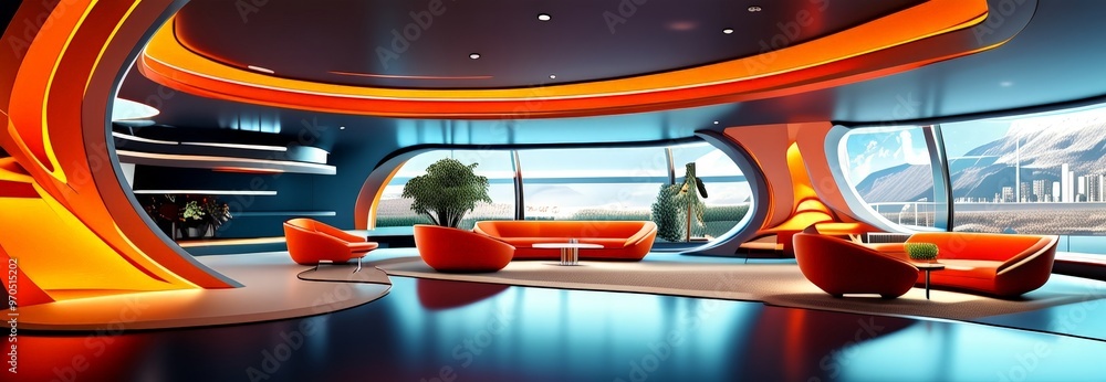 Naklejka premium A futuristic living room with curved walls, orange furniture, and a large window overlooking a mountainous landscape.