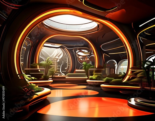 a futuristic interior space with a curved ceiling, circular windows, and a vibrant orange floor. The room is filled with lush greenery, including palm trees, and features