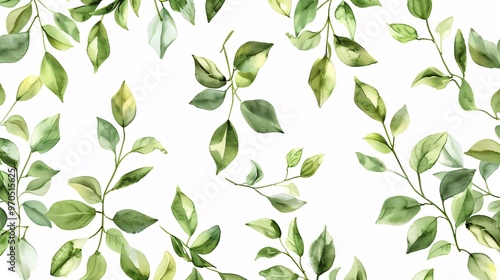 19. A seamless decorative pattern featuring sprigs with green leaves. The design includes numerous sprigs with finely detailed leaves, creating a continuous, natural motif on a white background,