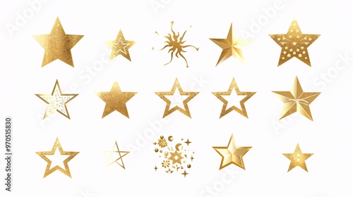 24. Vector icons of gold stars, designed for modern apps and websites. The set includes a range of simple, flat star designs, from single stars to clusters, each with a sleek and contemporary look,