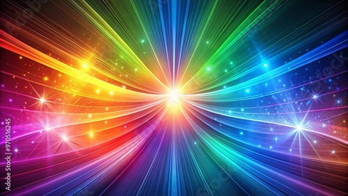 Colorful rainbow backdrop with abstract fractal patterns and glowing light beams