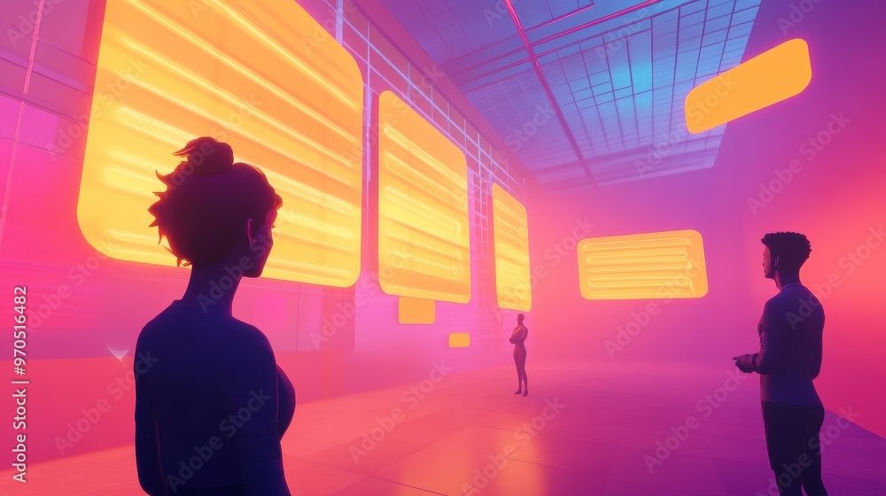 Silhouettes of people stand in a futuristic, neon-lit room with glowing panels on the walls. Silhouettes of people stand in a futuristic, neon-lit room with glowing panels on the walls.