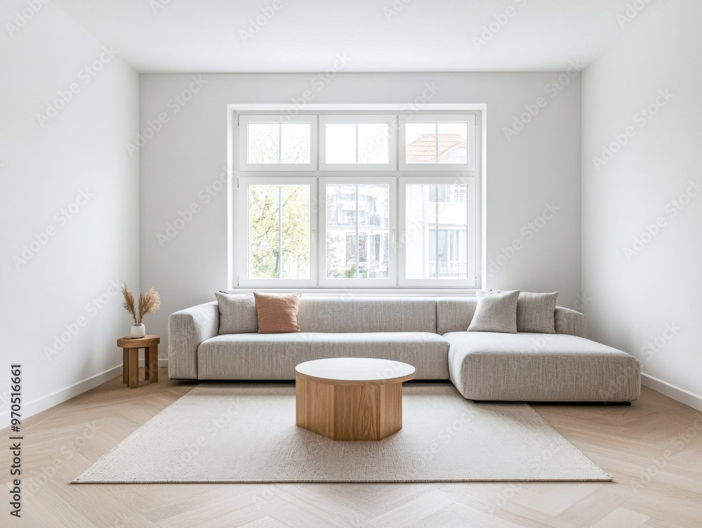 Fototapeta premium Scandinavian minimalist living room interiors with minimal furniture, a large window and plenty of lighting. Apartment interior design composition with copyspace.