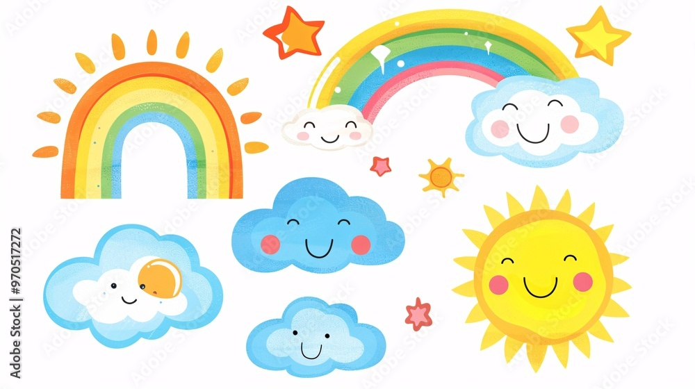 43. An illustration set of clouds, a rainbow, and a smiling sun. The rainbow spans across the sky with bright colors, the clouds are depicted as light and airy, and the sun radiates happiness with a 43. An illustration set of clouds, a rainbow, and a smiling sun. The rainbow spans across the sky with bright colors, the clouds are depicted as light and airy, and the sun radiates happiness with a