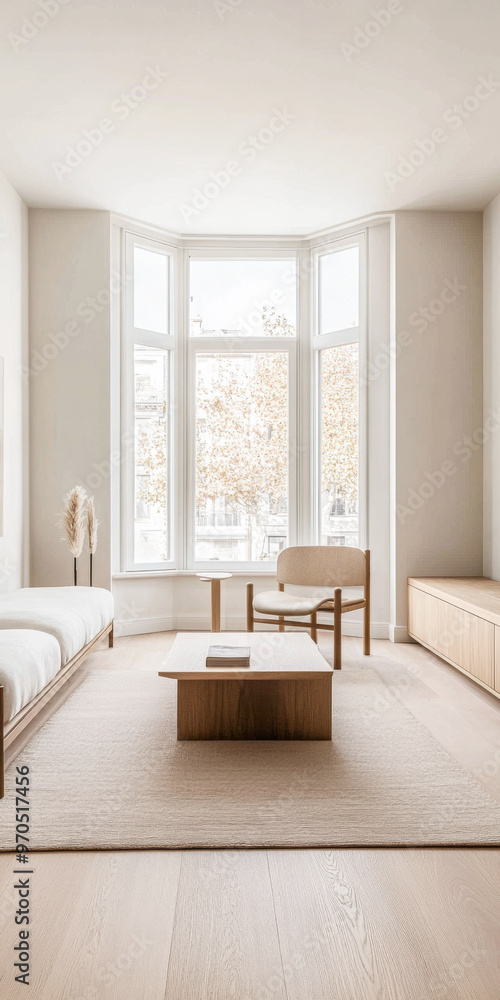 Fototapeta premium Scandinavian minimalist living room interiors with minimal furniture, a large window and plenty of lighting. Apartment interior design composition with copyspace.