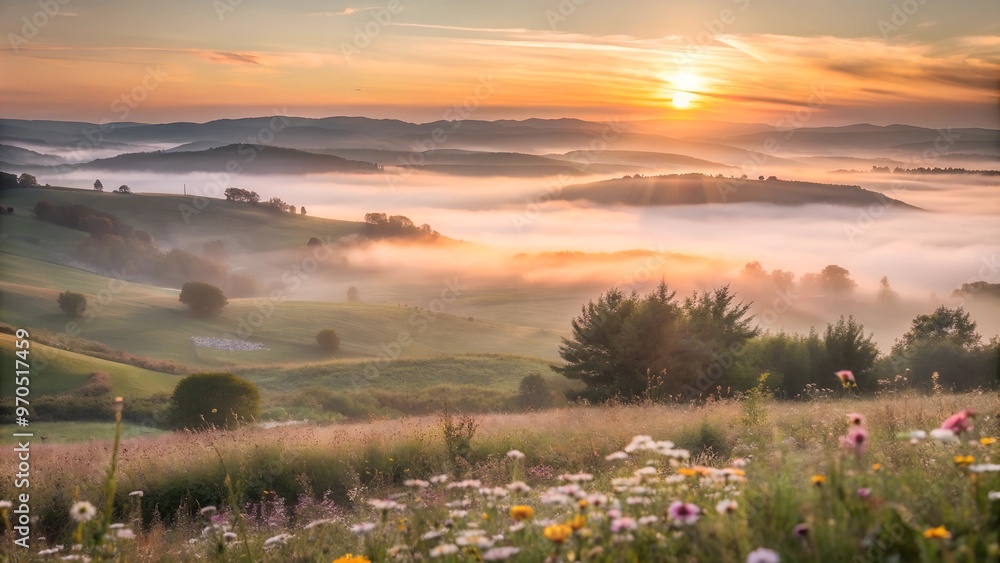Obraz premium A beautiful landscape with rolling hills, wildflowers in bloom, and a soft mist covering the valley, with a warm sunrise in the distance