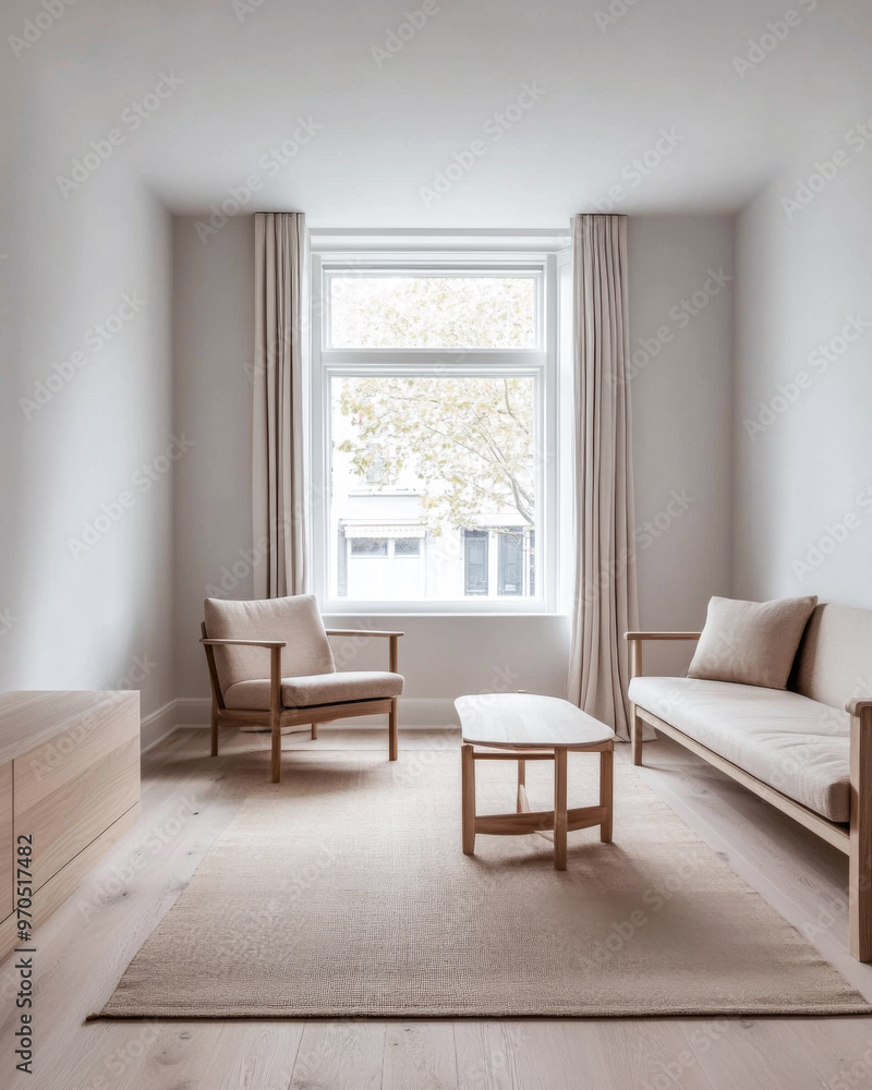 Fototapeta premium Scandinavian minimalist living room interiors with minimal furniture, a large window and plenty of lighting. Apartment interior design composition with copyspace.