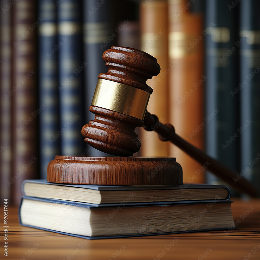 A wooden gavel sitting on top of books in front of a background A wooden gavel sitting on top of books in front of a background