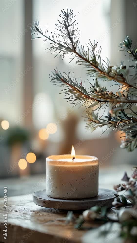 A burning candle on the table and a Christmas tree branch in a cozy room. A burning candle on the table and a Christmas tree branch in a cozy room.