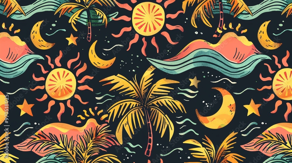 Fototapeta premium 53. Cute palm trees, suns, and waves in a seamless pattern design, ideal for summer holidays. The pattern features stylized palm trees, happy suns, and dynamic waves, creating a cheerful and tropical