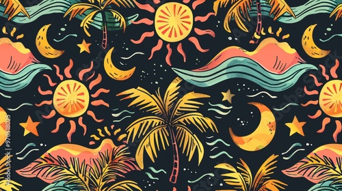 53. Cute palm trees, suns, and waves in a seamless pattern design, ideal for summer holidays. The pattern features stylized palm trees, happy suns, and dynamic waves, creating a cheerful and tropical