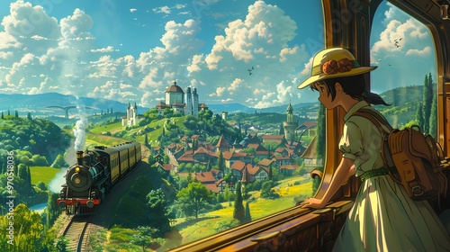 Characters travel by a scenic train ride through lush countryside, with rolling hills, quaint villages, and a sense of adventure as they gaze out of the windows photo