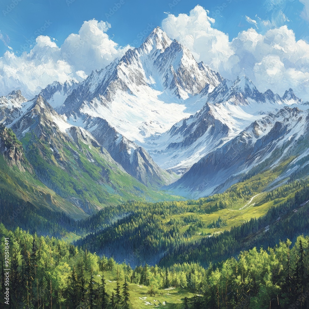 Fototapeta premium Majestic Mountain Peak with Forest and Clouds