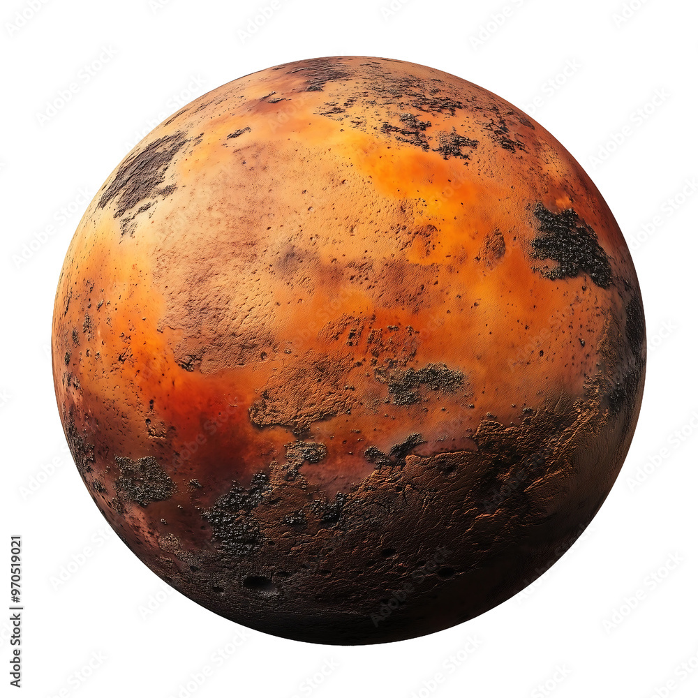Naklejka premium a fiery red planet with rugged, rocky terrain and dust storms, isolated on white background.