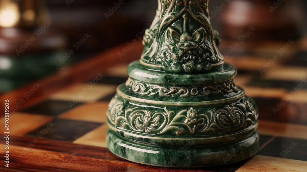 green jade chess piece with a detailed, ornate design. green jade chess piece with a detailed, ornate design.