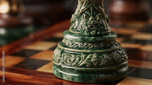 green jade chess piece with a detailed, ornate design.