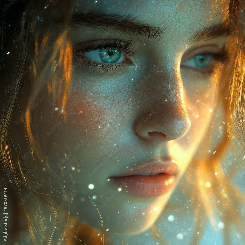 Close up of a Woman s Face with Soft Light and Golden Hair Close up of a Woman s Face with Soft Light and Golden Hair