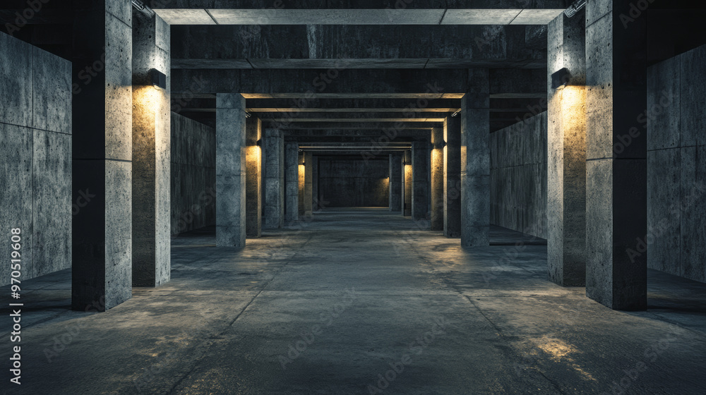 A high-quality, 3D image showing a dark, industrial basement with concrete walls. This image is perfect for creating virtual reality experiences. A high-quality, 3D image showing a dark, industrial basement with concrete walls. This image is perfect for creating virtual reality experiences.