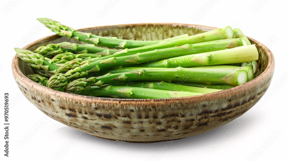78. Fresh asparagus spears in a bowl, isolated on a white background. The asparagus is depicted with realistic textures and vibrant green colors, showcasing its natural freshness and healthy appeal 78. Fresh asparagus spears in a bowl, isolated on a white background. The asparagus is depicted with realistic textures and vibrant green colors, showcasing its natural freshness and healthy appeal