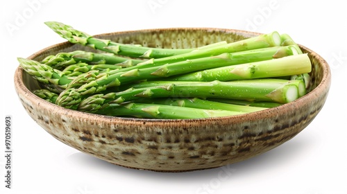 78. Fresh asparagus spears in a bowl, isolated on a white background. The asparagus is depicted with realistic textures and vibrant green colors, showcasing its natural freshness and healthy appeal photo