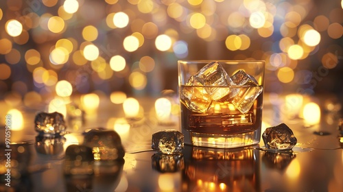 81. A glass of whiskey with ice cubes, set against a background of lights. The whiskey is depicted with rich amber hues, and the ice cubes are rendered with realistic clarity, creating a visually