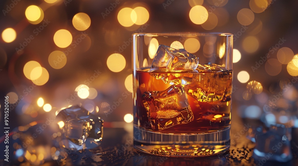 82. Whiskey in a glass with ice cubes, presented against a backdrop of lights. The whiskey has a warm amber glow, and the ice cubes are shown with detailed textures, adding a touch of elegance to the 82. Whiskey in a glass with ice cubes, presented against a backdrop of lights. The whiskey has a warm amber glow, and the ice cubes are shown with detailed textures, adding a touch of elegance to the
