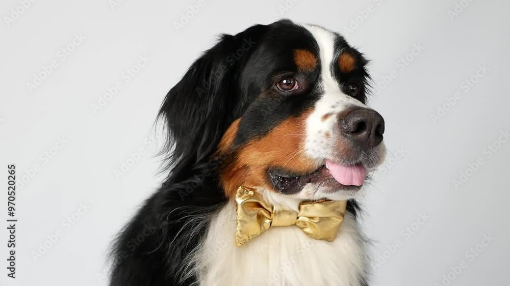 The Bernese Mountain Dog sits on a white background. He has a bow tie around his neck. A very beautiful fluffy tricolor dog. The eyes look up, right and left. He breathes with his mouth open. The Bernese Mountain Dog sits on a white background. He has a bow tie around his neck. A very beautiful fluffy tricolor dog. The eyes look up, right and left. He breathes with his mouth open.