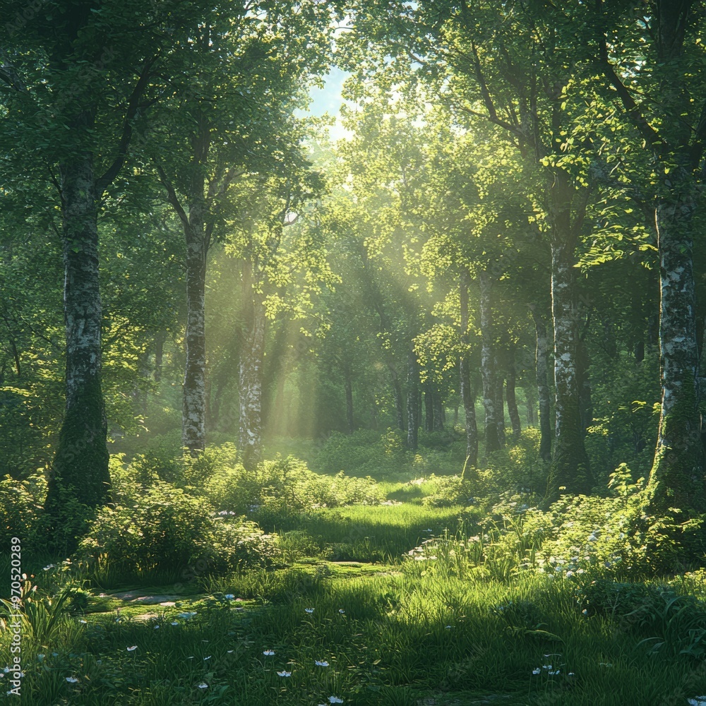 Obraz premium Sunbeams Through Forest Trees Lush Green Canopy Woodland Path