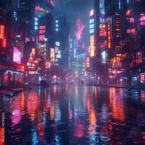 Neon Cityscape Reflection in Rain Cyberpunk City at Night