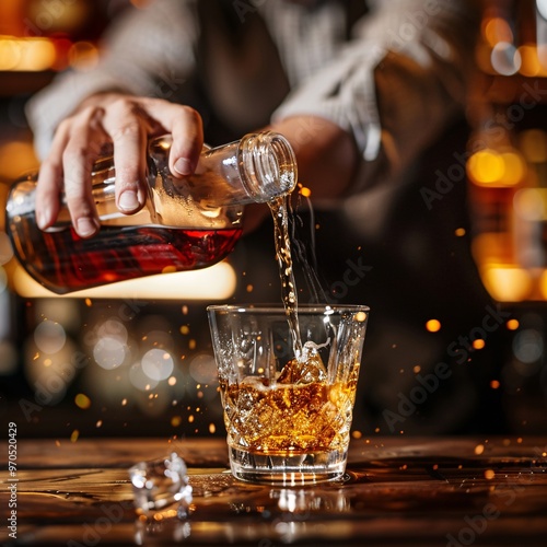 86. concept Bartender pouring Whiskey, on bar photo