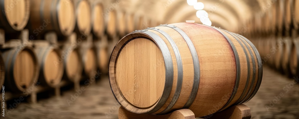 A wine barrel aging in a stone cellar, with terroir-specific characteristics displayed, Wine Red Terroir, Aging Process A wine barrel aging in a stone cellar, with terroir-specific characteristics displayed, Wine Red Terroir, Aging Process
