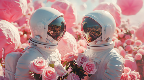 Two astronauts with roses facing each other among pink balloons Valentine's Day concept photo