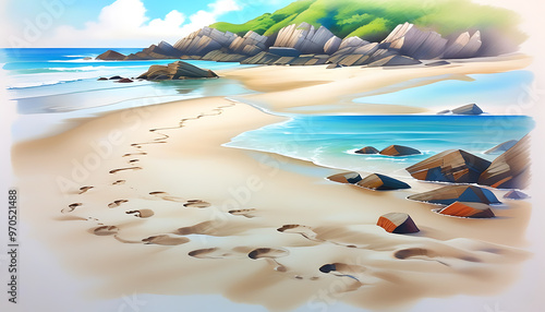 Beach footprints and coastal scenery photo