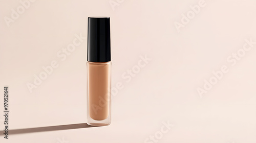 bottle of liquid foundation concealer with its cap off, placed against a light beige background, highlighting the product photo