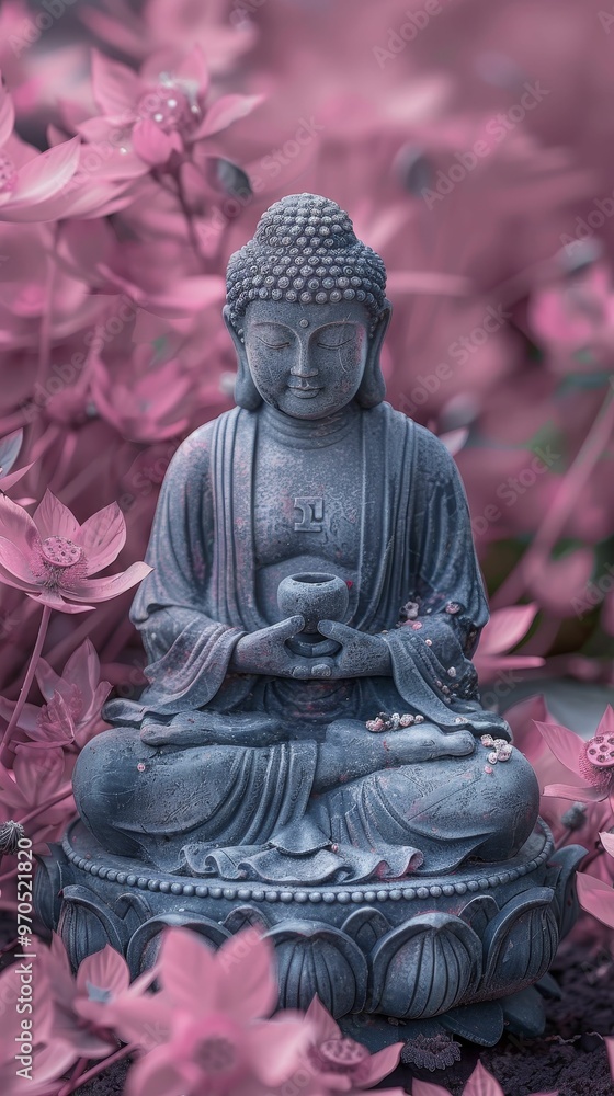 Fototapeta premium A serene stone Buddha statue surrounded by delicate pink flowers, embodying tranquility and spiritual harmony.