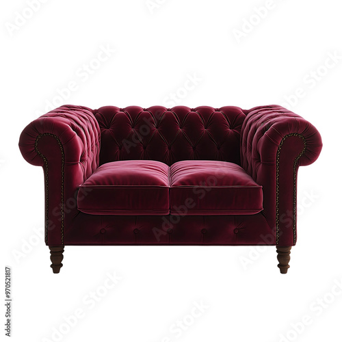 a luxurious, tufted Chesterfield loveseat in a rich burgundy velvet, isolated on white background. photo