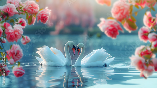 Two white swans couple swimming in lake, fantasy magical enchanted fairy tale landscape with elegant birds in love, fairytale blooming pink rose flower garden on mysterious blue background  photo