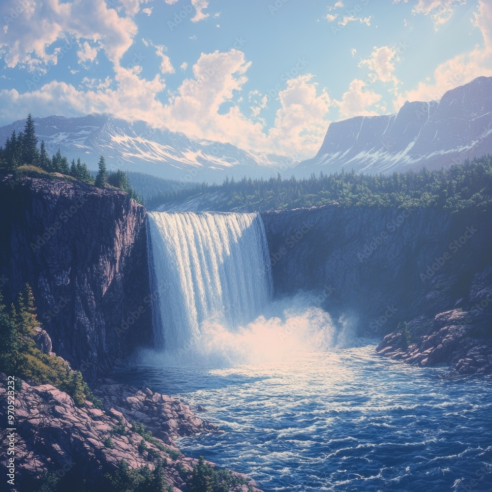 Majestic Waterfall Cascading Over Mountain Cliff With Blue Sky And Clouds Majestic Waterfall Cascading Over Mountain Cliff With Blue Sky And Clouds